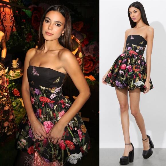 Alice + Olivia NWT Asha Bubble Hem Floral Strapless Mini Dress Black Size 0 - Picture 1 of 9